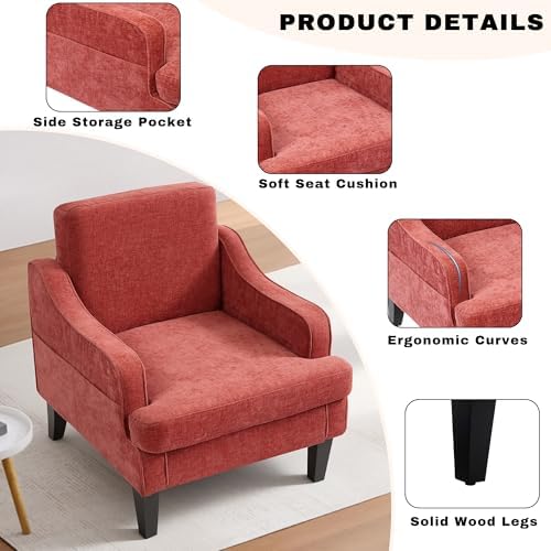 Accent Chair for Living Room,Mid-Century Arm Chair Chenille Fabric Living Room Chairs,Upholstered Reading Chair for Bedroom,Single Sofa Chair with Wood Legs for Apartment (Orange)