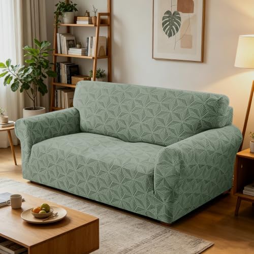 ZNSAYOTX Stretch Couch Cover, 1 Piece Sofa Covers for 2 Cushion Couch, Jacquard Loveseat Slipcovers with Elastic Bottom Thickened Furniture Protector for Dog Cat Pet (Medium, Army Green)