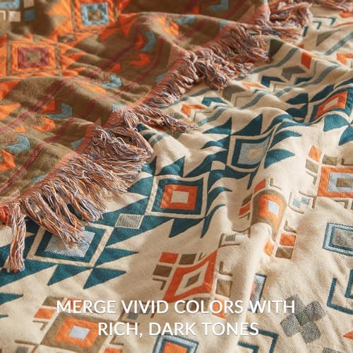 Bailix Boho Throw Blanket, 100% Cotton, Woven Geometric Pattern, 60"x80"
