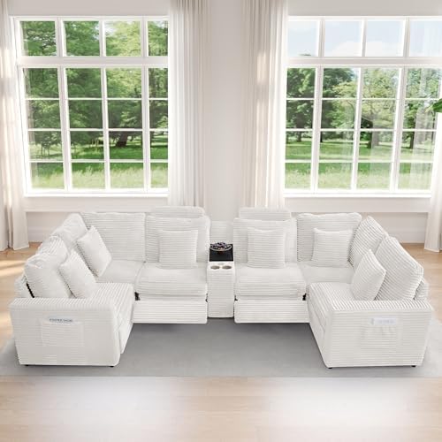 LEVNARY Modular Sofa Armrest Set of 2 with Side Storage Pockets, Faux Rabbit Fur Upholstered Arm Panels, Compatible with Modular Recliner System (White)