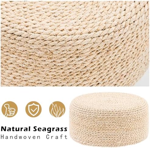 Cpintltr Ottoman Natural Seagrass Footrest Poufs Hand Weave Round Foot Stool for Couch Desk Soft Step Stool Padded Foot Rest with Pine Legs for Living Room Bedroom (Natural White)