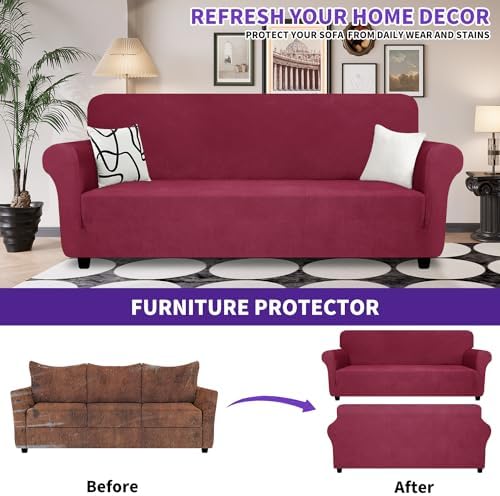 ZNSAYOTX Super Stretch Couch Cover (72"-92"), New Striped Sofa Covers Fitted Slipcovers with Elastic Bottom, Dog Cat Pets Proof Spandex Fabric Comfortable & Durable (Wine Red, Sofa)