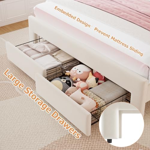 Queen Upholstered LED Bed Frame with 2 Storage Drawers and Adjustable Chic Double Wavy Headboard, Velvet Princess Platform Bed with Charing Station, Solid Wood Slats Support,No Box Spring Needed,Beige