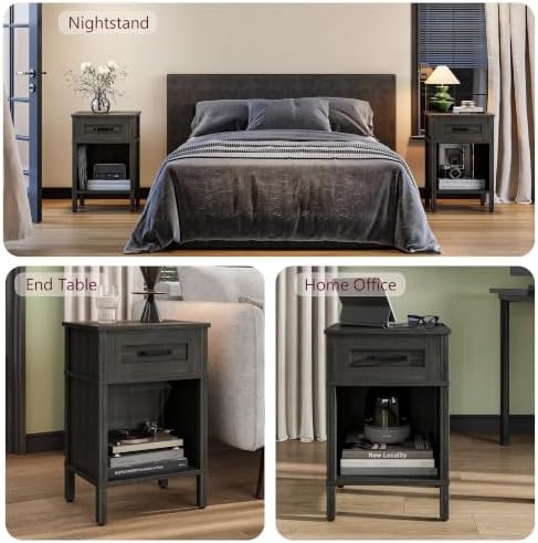 Farmhouse Nightstands with Drawer, Small Wooden Side Table, Modern Bedroom Night Stand, Wood Night Table, Grey Bedside Table with Storage, End Table for Living Room LET512GW