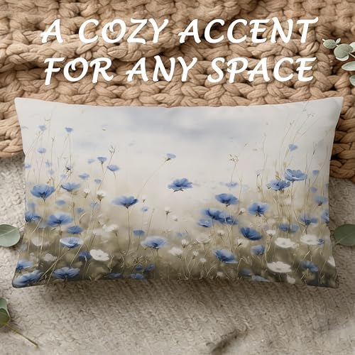 Vintage Blue White Floral Pillow Cover 12x20, Cottagecore Botanical Wildflower Field Landscape Decorative Lumbar Pillow Cover for Couch Bed Living Room Bedroom