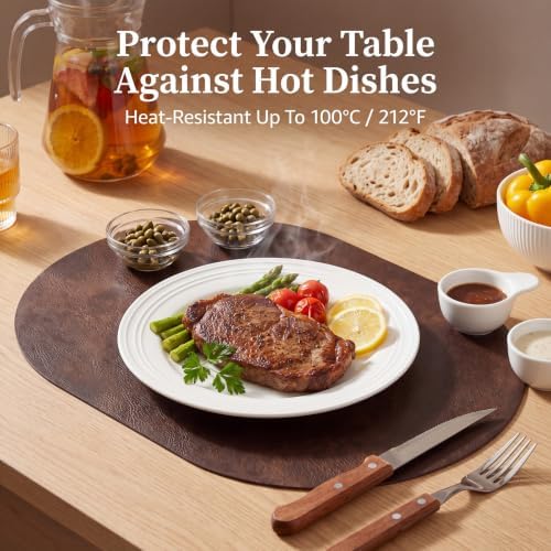 Oval Placemats Set of 4, Wipeable Faux Leather, Coffee