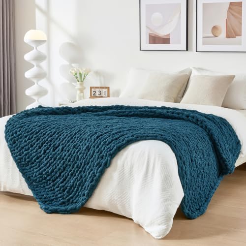 Bigacogo Chunky Knit Throw Blanket for Couch, 51x63 inches, Deep Sea Blue