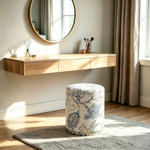 15.7" Swivel Vanity Stool, Floral Velvet Round Ottoman, Blue