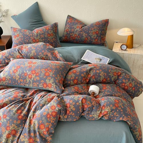 HighBuy Aesthetic Brunt Orange Floral Duvet Cover Set King,100% Muslin Cotton Soft Durable Reversible Coquette Gauze Bedding Set,Vintage Floral Bedding Set,Duvet Cover with 2 Pillowcases