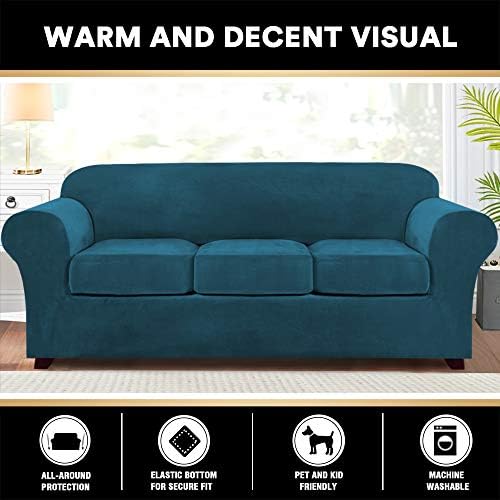 PrinceDeco Velvet Couch Covers for Sofa Soft 4 Pieces Couch Covers for 3 Cushion Couch Sofa Pet Friendly Furniture Protector with Non Slip Elastic Bottom Width Up to 90 Inch(Large, Deep Teal)