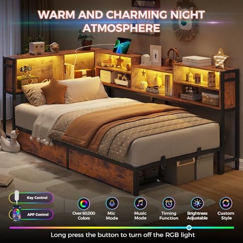 DICTAC Twin Corner Bed Frame with Bookcase Storage Headboard and Led Lights Twin Size Metal Platform Bed Frames with 2 Drawers and Charging Station,Twin Size Daybed with Storage for Kids Teen,Rustic