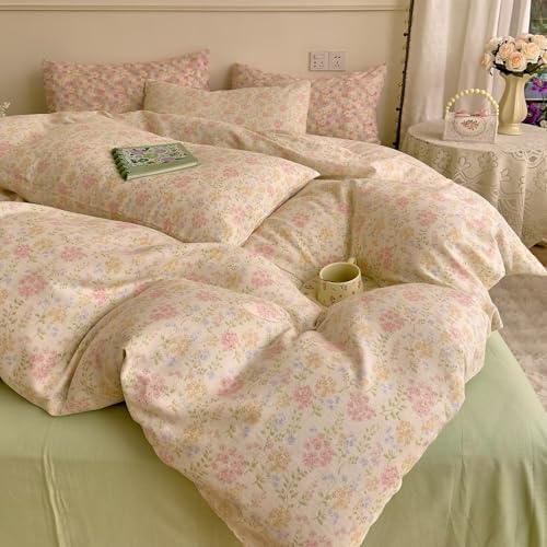 Double Muslin Floral Duvet Cover Queen Size 3 Pcs(1 Duvet Cover with 2 Pillowcases),100% Cotton Soft Comfy Gauze Bedding Set for Women Girls,Breathable Quilt Covers 90"×90"