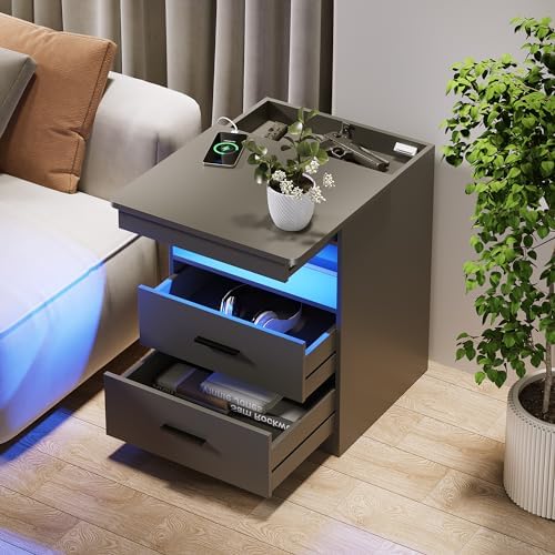 FREDEES LED Nightstand Set 2 with Gun Drawer & Charging Station