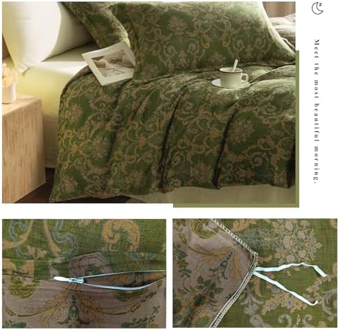 Olive Green Duvet Cover Set King,Reversible Medallion Flower Print Bedding Set Linen Cotton Yarn-Dyed Textured Bohemian Duvet Cover with Zipper Closure-104 x90