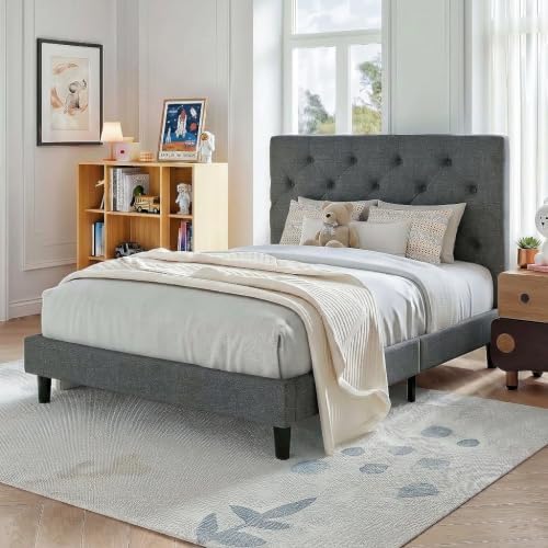 HOMBCK Twin Size Bed Frame with Adjustable Headboard, Light Grey
