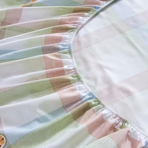 Bedding Fitted Sheet with Deep Pocket,Fresh Design Printed Fabric Bed Sheets for Summer (Green Checkered, Full)