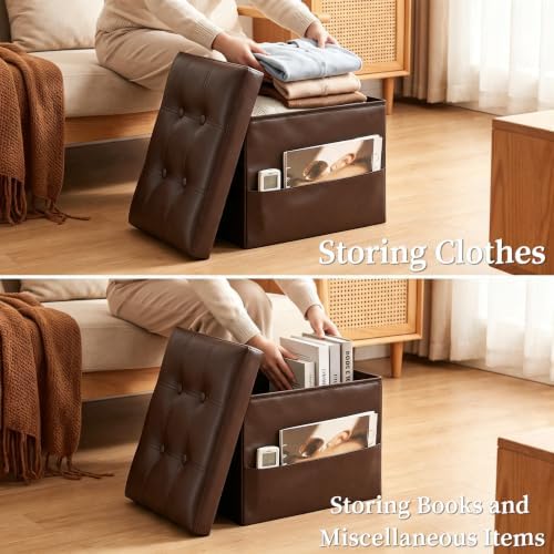 Ottoman with Storage, Folding Leather Foot Stools Ottoman for Dorm, Brown
