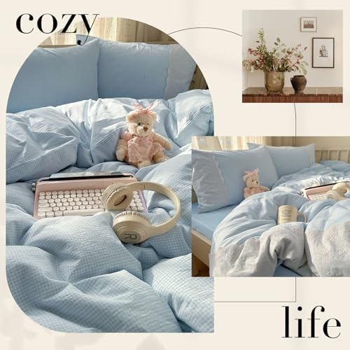 mixinni Blue White Gingham Duvet Cover Twin XL Size - 3 Piece Cottagecore Plaid Bedding Set with Lace Trim, Soft Washed Microfiber Vintage Aesthetic Grid Comforter Cover & Pillow Shams