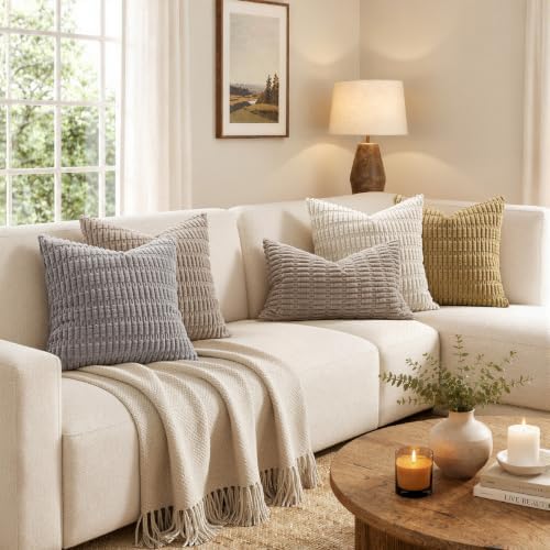 MIULEE Corduroy Decorative Throw Pillow Covers 12x12 Light Brown Pack of 2