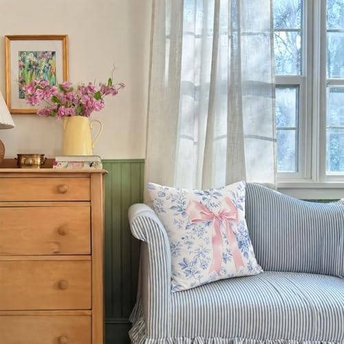 Blue Floral Pink Bow 18x18 Pillow Cover, Girly Room Decor