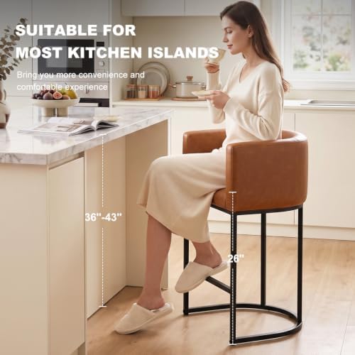 26" H Counter Height Bar Stools Set of 4, Modern Barrel Counter Stools with Backrest and Arms, Faux Leather Upholstered Accent Barstools for Kitchen Island,Support 450 LBS (Walnut Brown