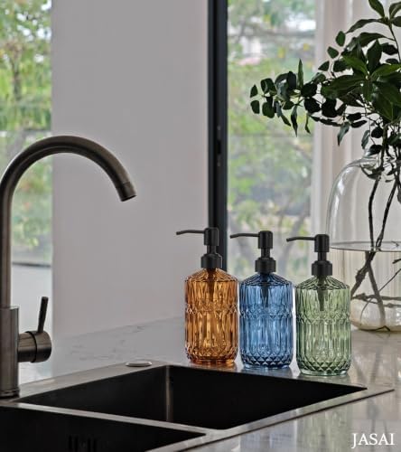 JASAI 18Oz Amber Glass Soap Dispenser with Black Pump for Bathroom.