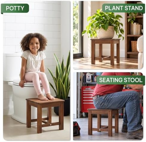 12" Wooden Step Stool, Small Wood Stool for Bathroom, Kitchen - Walnut