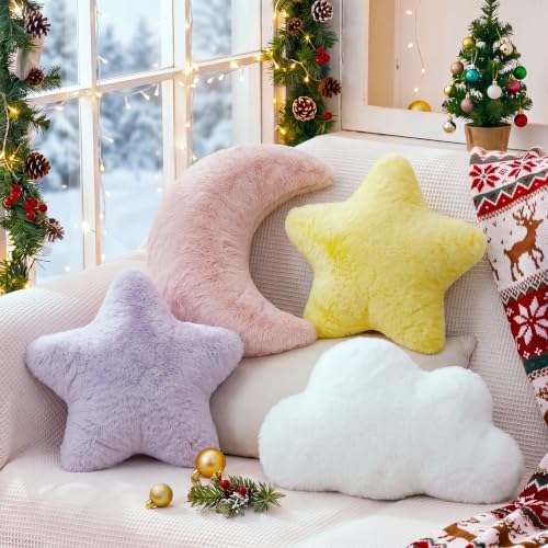 4 Pcs Plush Cloud Star Moon Throw Pillow Set, Pink, White, Yellow, Purple