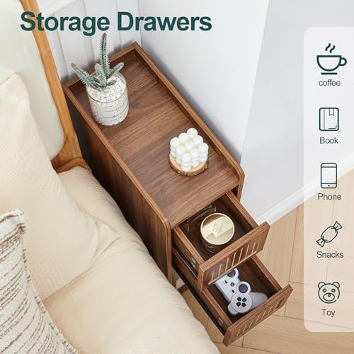 Narrow Nightstand Set of 2, Wooden Small 2 Drawer Nightstand, Slim Side End Table, Skinny Bedside Table, Mid Century Modern Night Stand with Drawers for Bedroom (Deep Walnut-2 pcs)