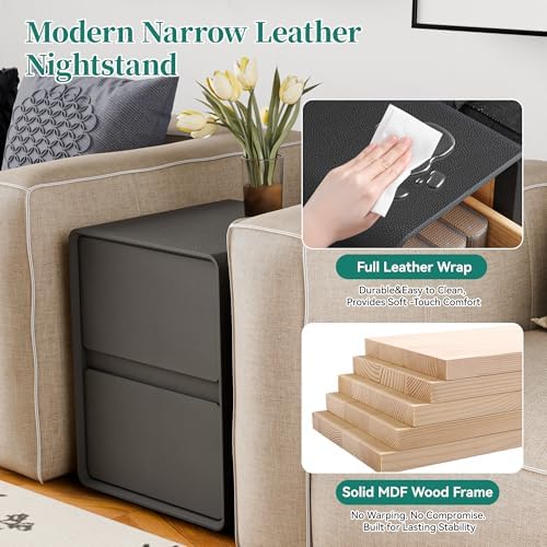 15.8" W Faux Leather Narrow Nightstand, Modern Fully-Assembled Bedside Table with 2 Drawers, Wood Night Stand Small Accent End Table & Side Table for Bedroom, Black