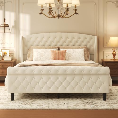 HISOFT Queen Platform Bed Frame, Velvet Upholstered Sleigh Bed with Wingback Tufted Headboard and Footboard, Noise-Free Design, Easy Assembly, No Box Spring Needed, Light Beige
