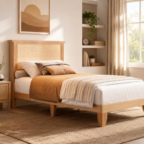 Jojoka Rattan Bed Frame with Natural Headboard & LED Lights - Sturdy Wood Slats, Silent Plain Legs, Ample Underbed Storage - No Box Spring Needed, Bedroom Furniture, Twin Size