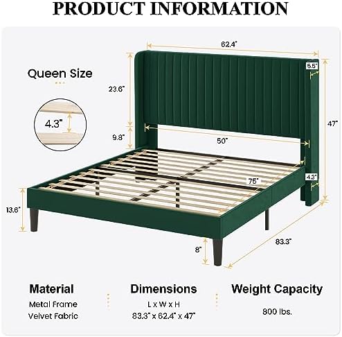 SHA CERLIN Queen Size Velvet Bed Frame, Tufted Wingback Headboard, Green