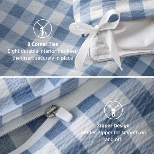 Bedsure Gingham Ruffle Duvet Cover Set, Queen Cotton-Like Quilt Cover, Blue