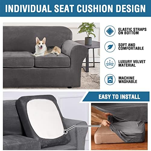 H.VERSAILTEX Real Velvet Plush 3 Piece Stretch Sofa Covers Couch Covers for 2 Cushion Couch Loveseat Covers Width Up to 72 Inch Feature Thick Soft Stay in Place (Medium Sofa, Grey)
