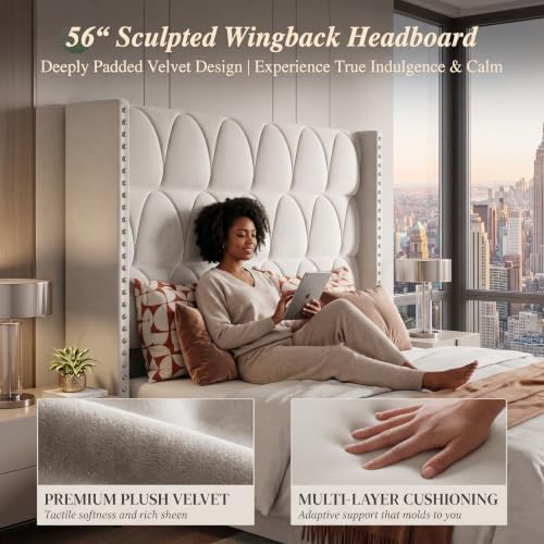 Velvet Upholstered Wingback Headboard, King, Cream