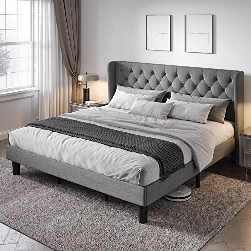 Allewie King Bed Frame with Button Tufted Wingback Headboard, Light Grey
