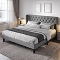 Allewie King Bed Frame with Button Tufted Wingback Headboard, Light Grey