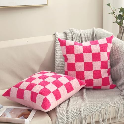 Alysheer Checkered Embroidered Throw Pillow Covers 18"x 18" 2pc Hot Pink
