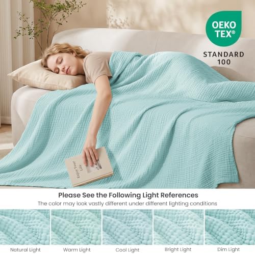 Love's cabin 100% Cotton Muslin Blanket Twin XL Size for Bed, Cyan