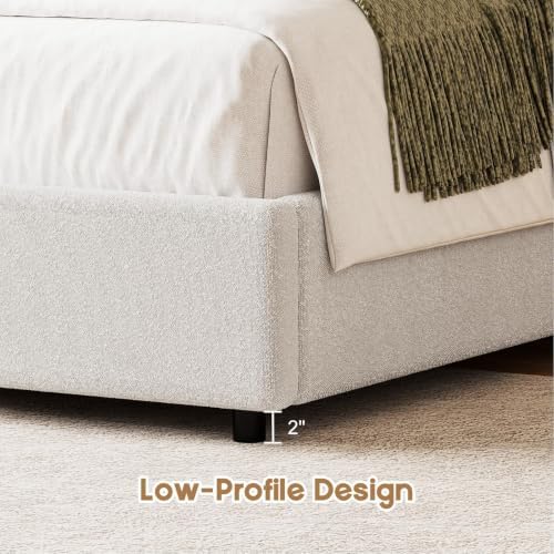 REVOMINCA Twin Size Bed Frame, Boucle Upholstered Platform Bed with Headboard, Cloud Bed Frame with Soft Rounded Corners, No Box Spring Required, Easy Assembly, White