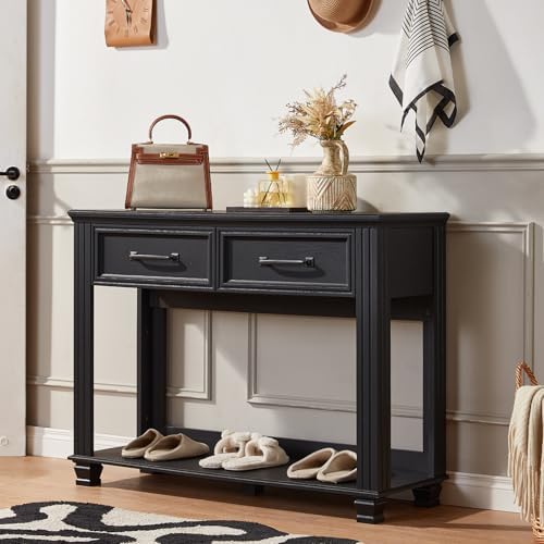 SAVOR LIFE 46" Farmhouse Console Table with Drawers, Black Entryway Table