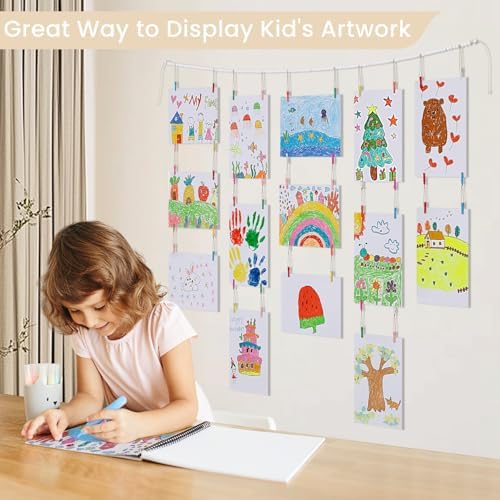 KLOGTSIND Kids Art Display Wall Decor, Wood Beads Garland with 34 Clips