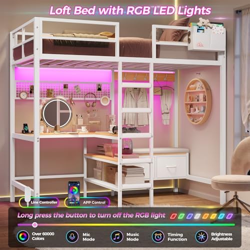 DICTAC Twin Loft Bed with L-Shaped Desk, Storage Shelves and Charging Station Twin Size Metal Loft Bed with LED Lights and Coat Rack with 2 Storage Drawers,Top Bunk with Safety Guard & Stair, White