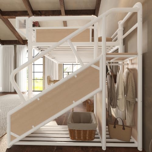 Bellemave Queen Metal Loft Bed with Stairs and Desk for Kids,Adults,White