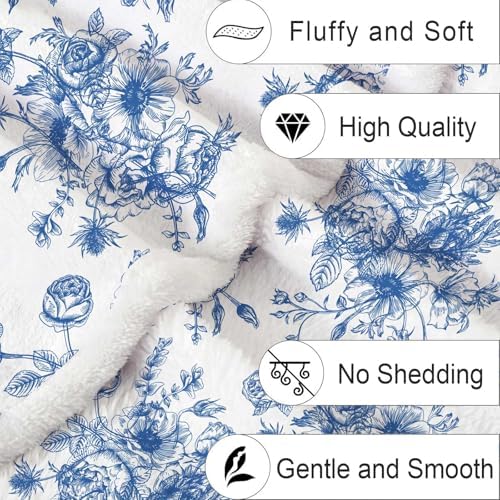 Blue Floral Throw Blanket, Botanical Floral Blanket, Soft, Flannel, Warm, Boho Aesthetic Bed Blankets All Season Flower Throw Blankets for Couch Bedroom Living Room 60X80 Inch