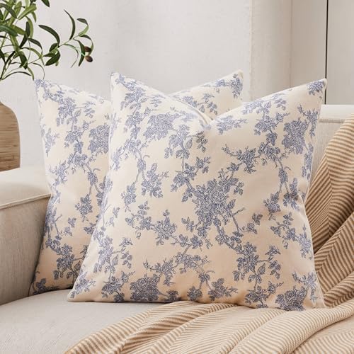 100% Cotton French Pastoral Throw Pillow Covers Set of 2, 24x24 Inch Double Sided/Blue, Farmhouse Decorative Cushion Covers for Sofa Bed Living Room Home Decor