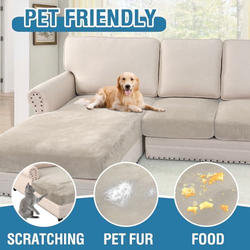 H.VERSAILTEX Velvet Stretch Sectional Couch Covers 3 Pieces Sofa Seat Cushion Covers L Shape Separate Couch Cover for Both Left/Right Sectional Couch (Large Sofa 2 Seater + 1 Chaise, French Oak)