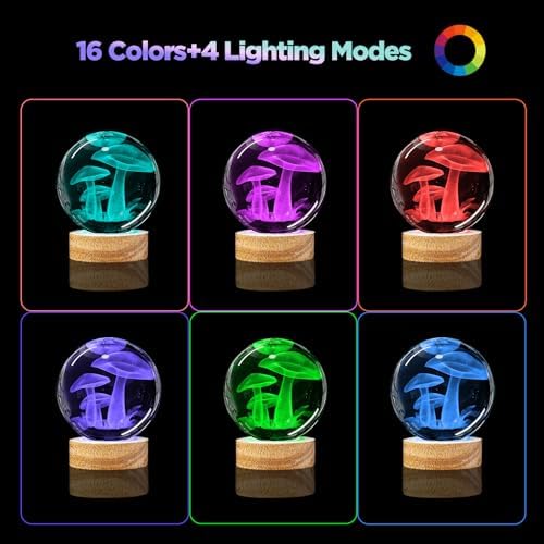 3D Mushroom Crystal Ball Night Light with Remote Upgraded 3.15 In Mushroom Glass Ball Table Lamps with 16 Color Led Wooden Base for Birthday Xmas Cute Mushroom Room Decor Gifts for Kids Women Teen