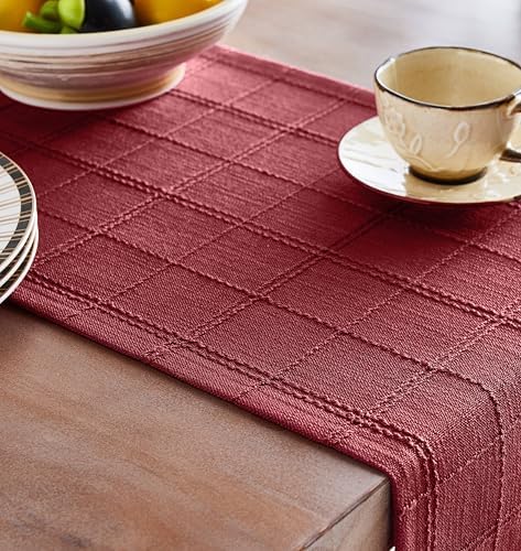 ZeeMart Linen Checked Farmhouse Table Runner, 13x90 Inches Burgundy